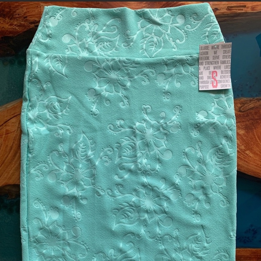 Lularoe Cassie Mint Green Embossed Flowers Skirt